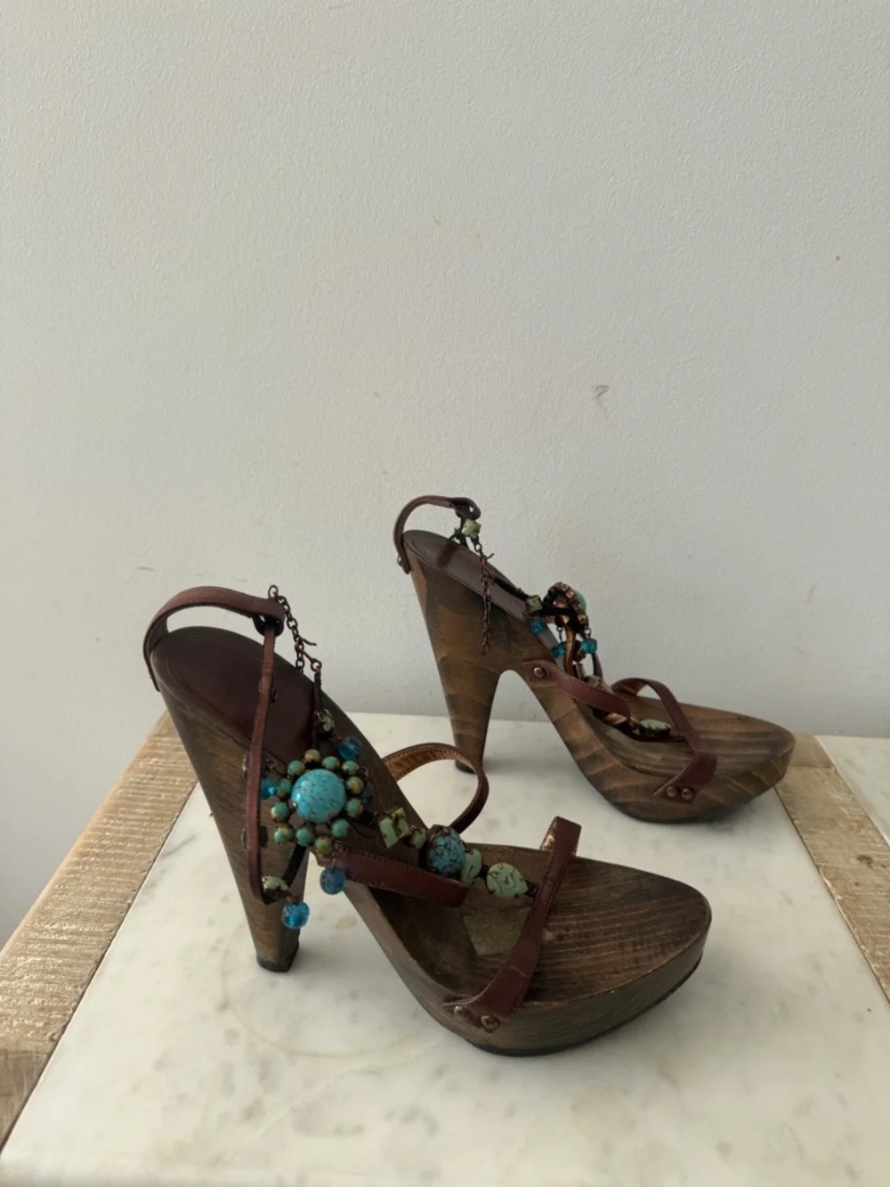 Giuseppe Zanotti Brown Leather Beaded Wedge Sandals with Turquoise Accents